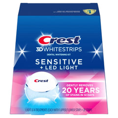 Crest 3D Whitestrips Sensitive kit packaging highlights gentle whitening for sensitive teeth