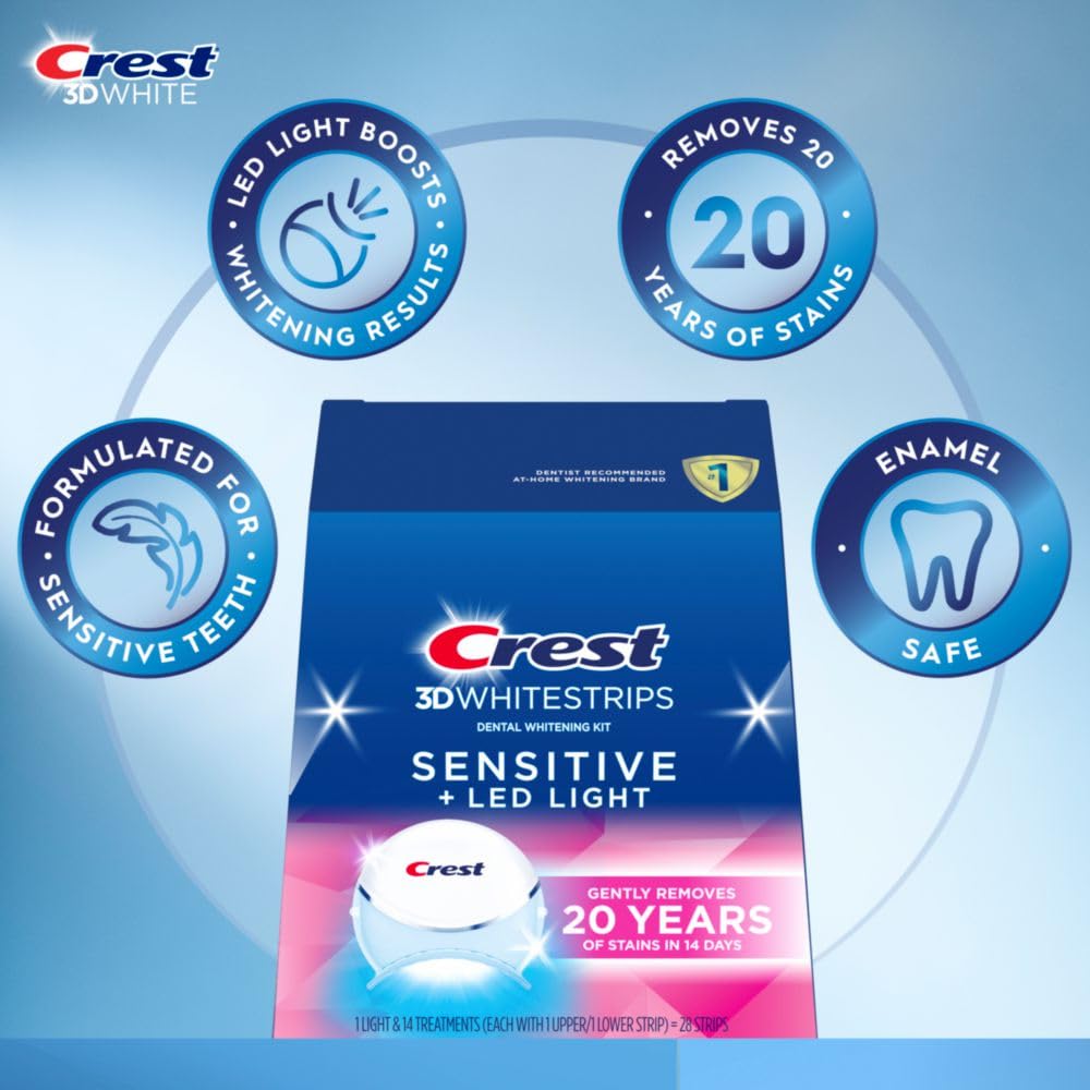 Crest 3D Whitestrips on teeth with LED Light demonstrates comfortable whitening