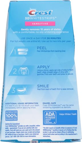 Crest 3D Whitestrips Sensitive strip pack shown for home use