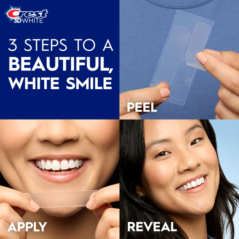 Crest 3D Whitestrips Vivid Plus bathroom counter setup ready for daily whitening