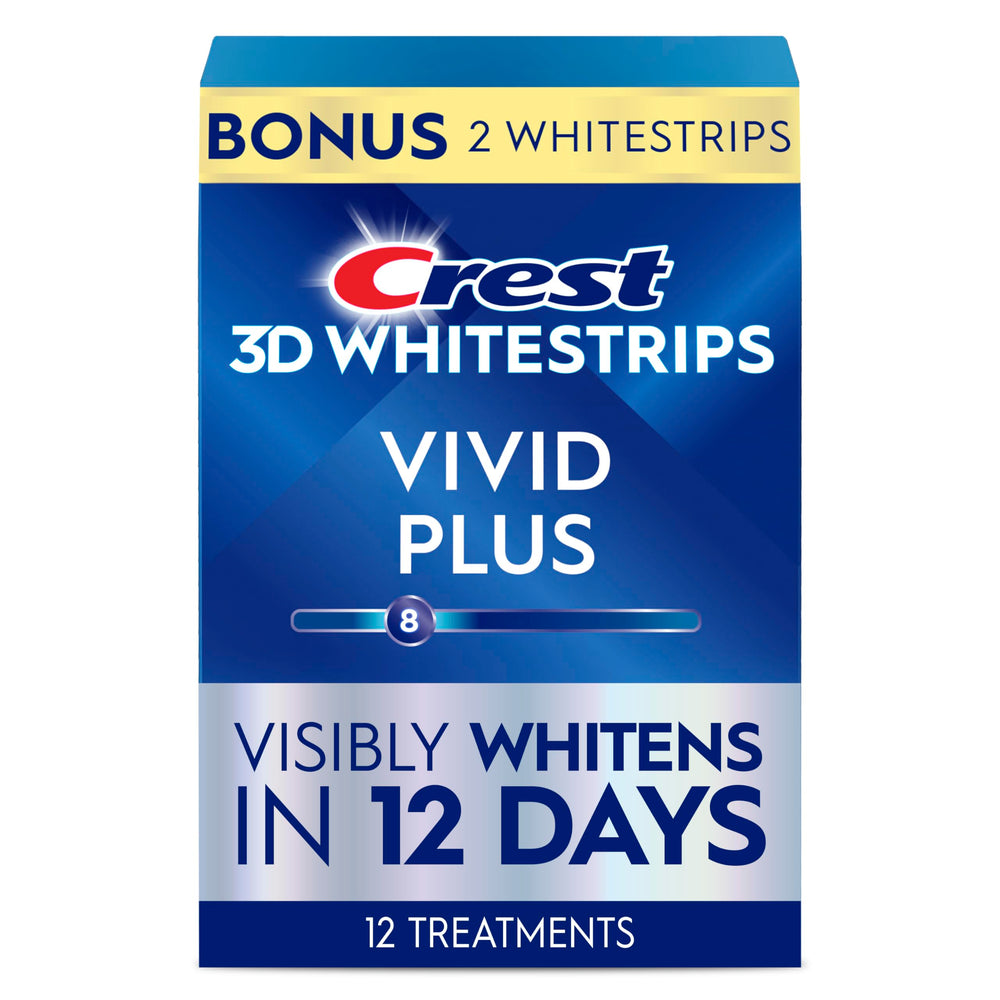 Crest 3D Whitestrips Vivid Plus pack front for a 12-day whitening routine