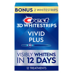 Crest 3D Whitestrips Vivid Plus pack front for a 12-day whitening routine