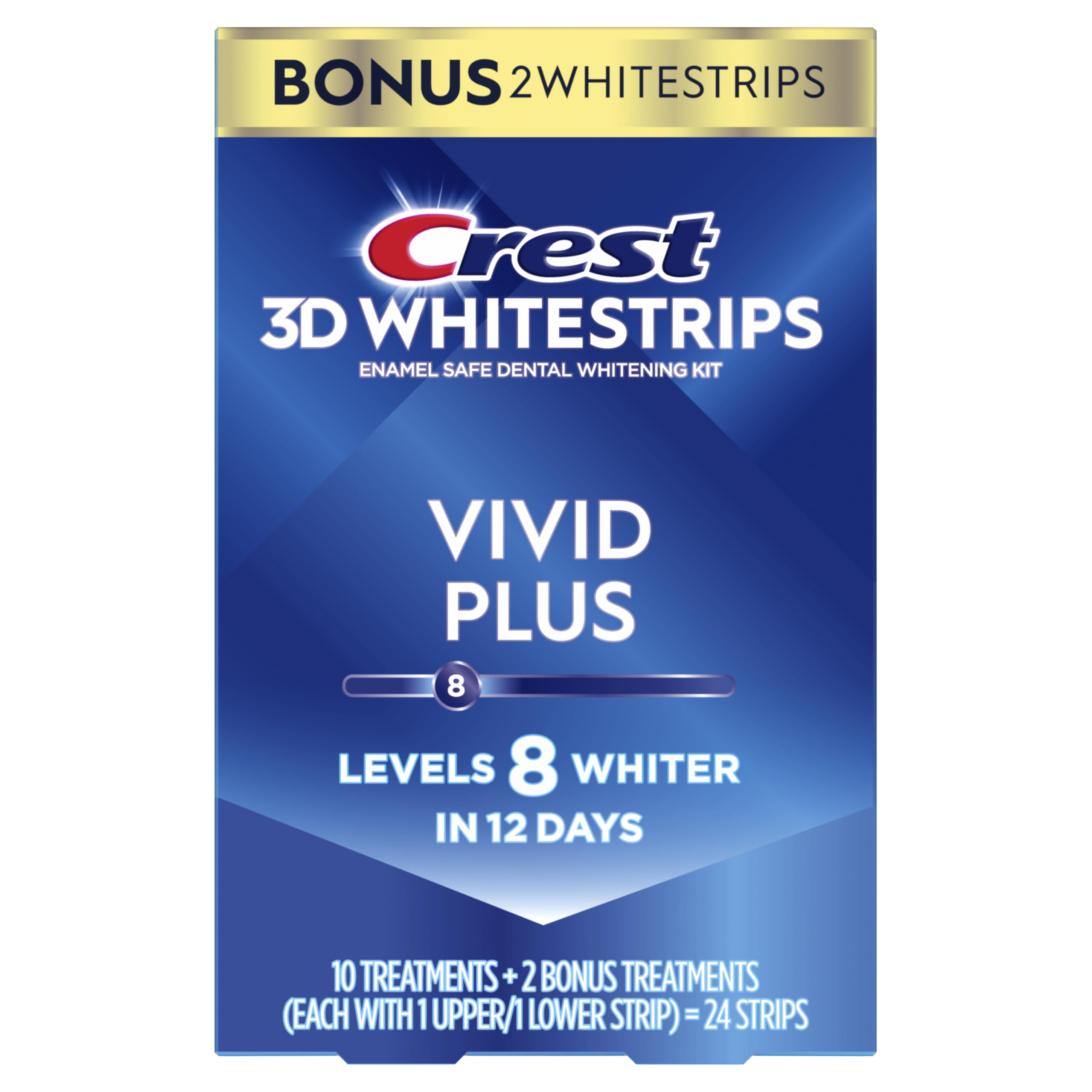Crest 3D Whitestrips Vivid Plus upper and lower strips ready for use