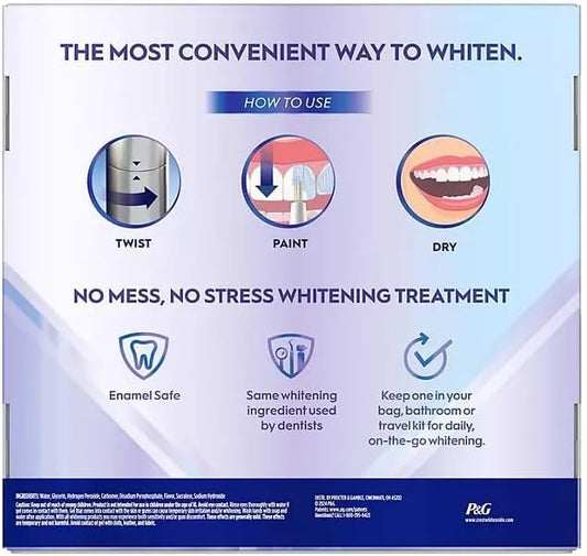 Crest 3DWhite pen-cap closeup highlights portable whitening solution for travel.