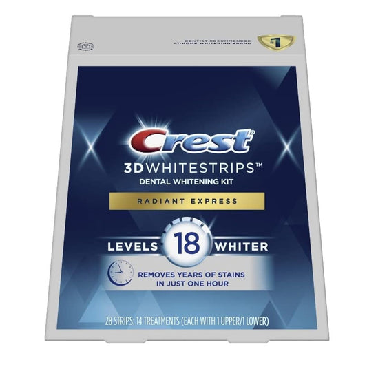 Crest 3DWhitestrips Radiant Express kit on a bathroom counter for at‑home whitening
