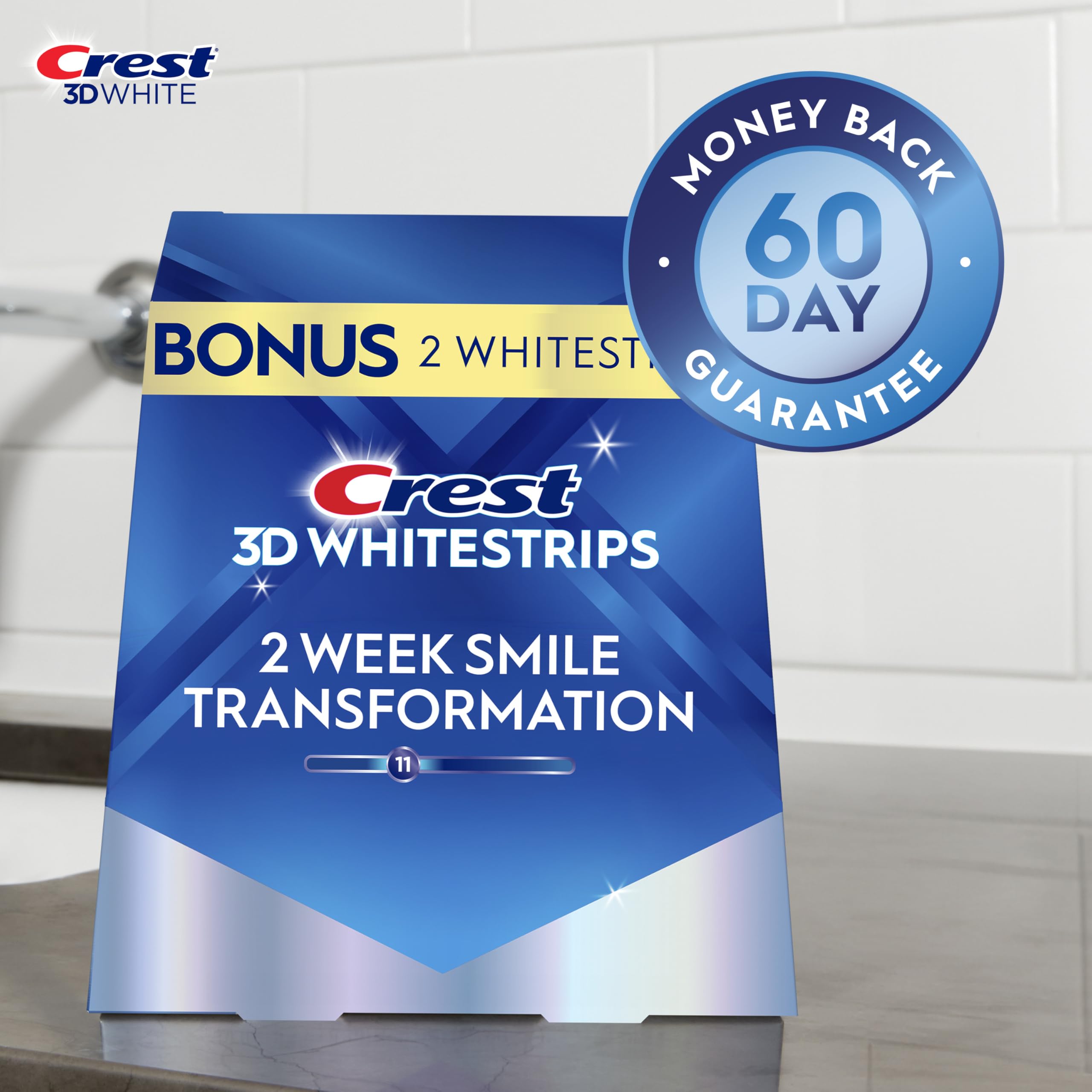 Crest Glamorous White no-slip grip keeps strips in place during wear.