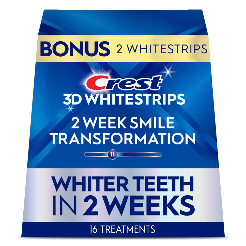 Crest Glamorous White packaging closeup with bold branding and premium whitening kit presentation.