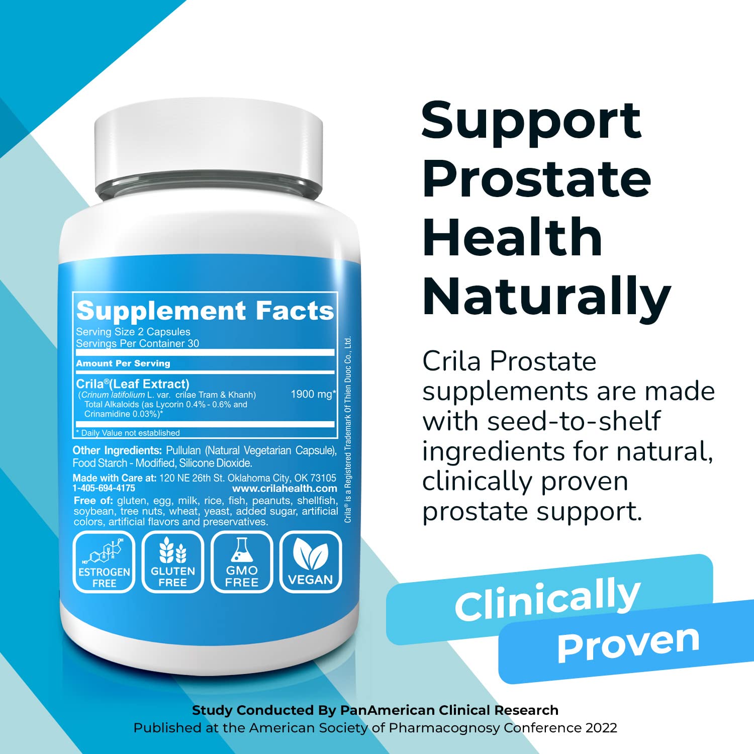 CRILA Prostate ingredients list featuring Crinum latifolium extract.