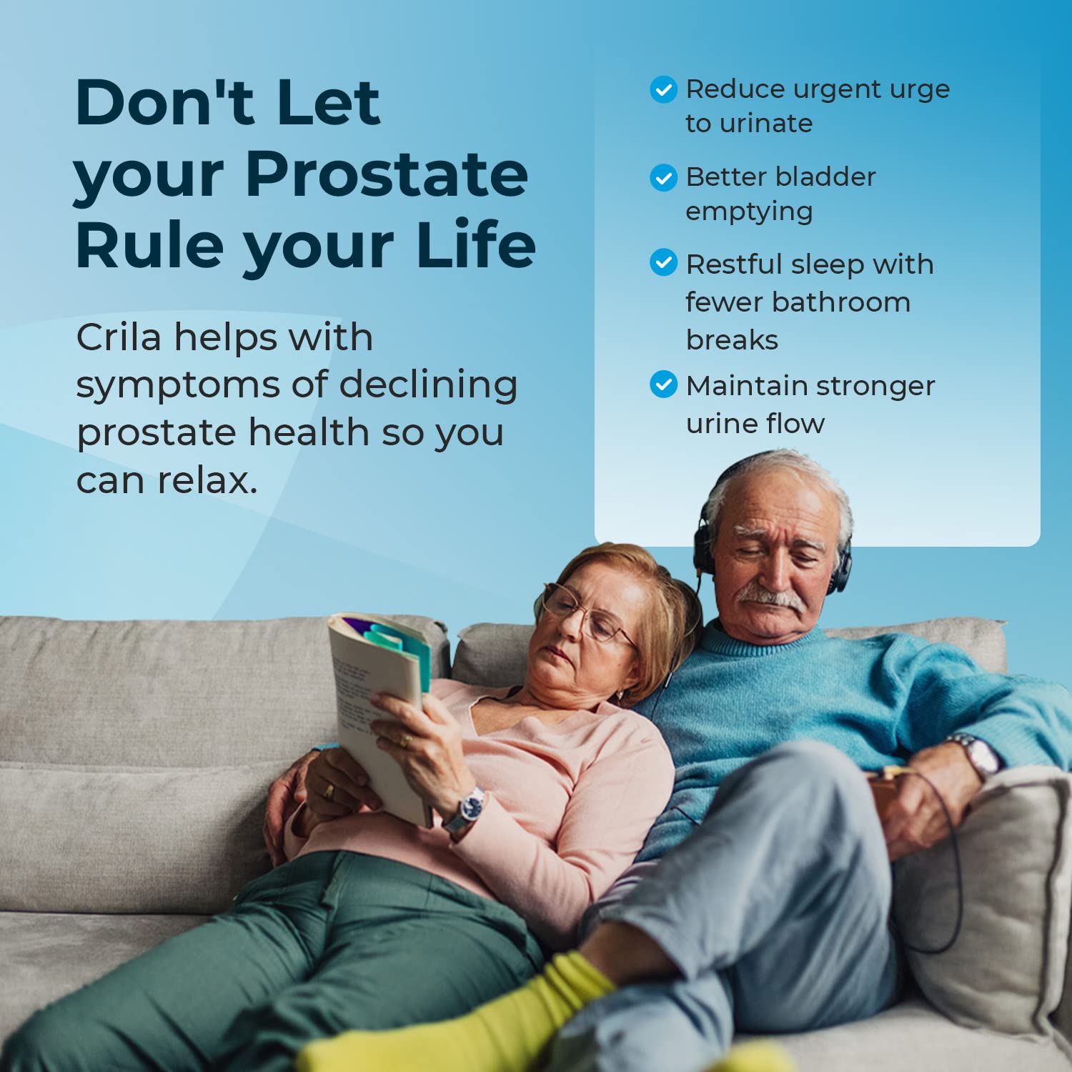 CRILA Prostate bottle beside a bed indicates potential better sleep.