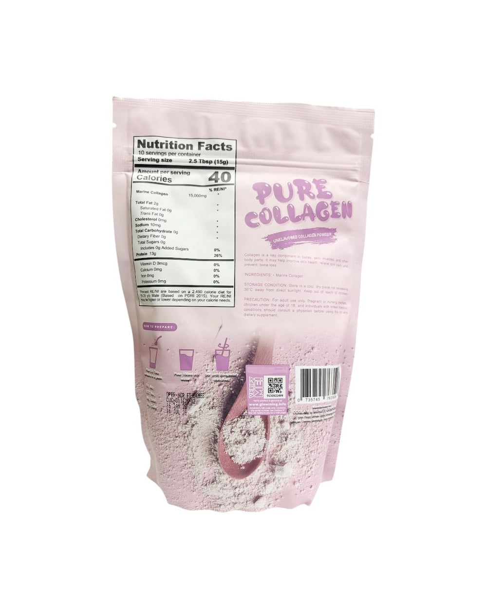 Glowming collagen powder being stirred into a smoothie, demonstrating flavor-neutral nutrition.