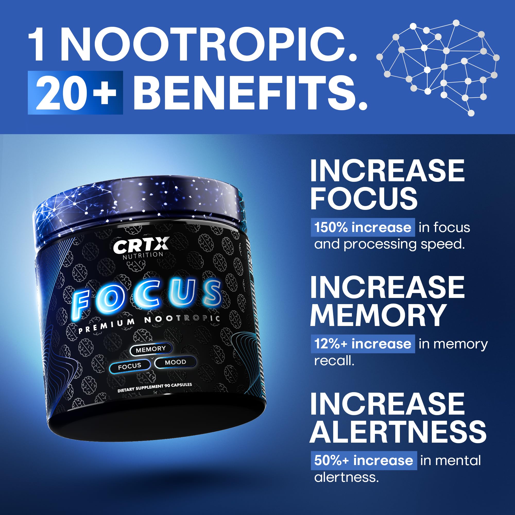 CRTX Nutrition Focus capsules closeup highlighting key ingredients for mental clarity.