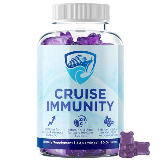 CRUISE IMMUNITY bottle front view showcasing berry gummies for travel support