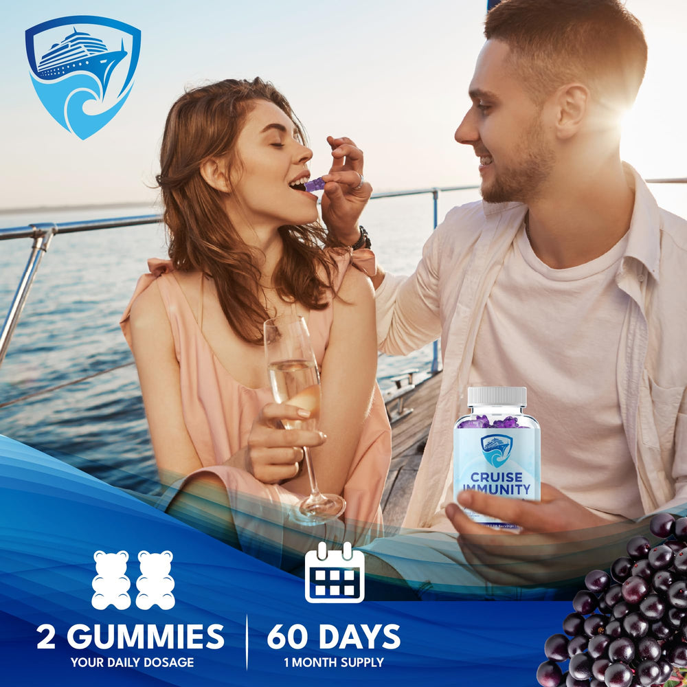 CRUISE IMMUNITY travel scene with gummies on a plane tray for on-the-go use