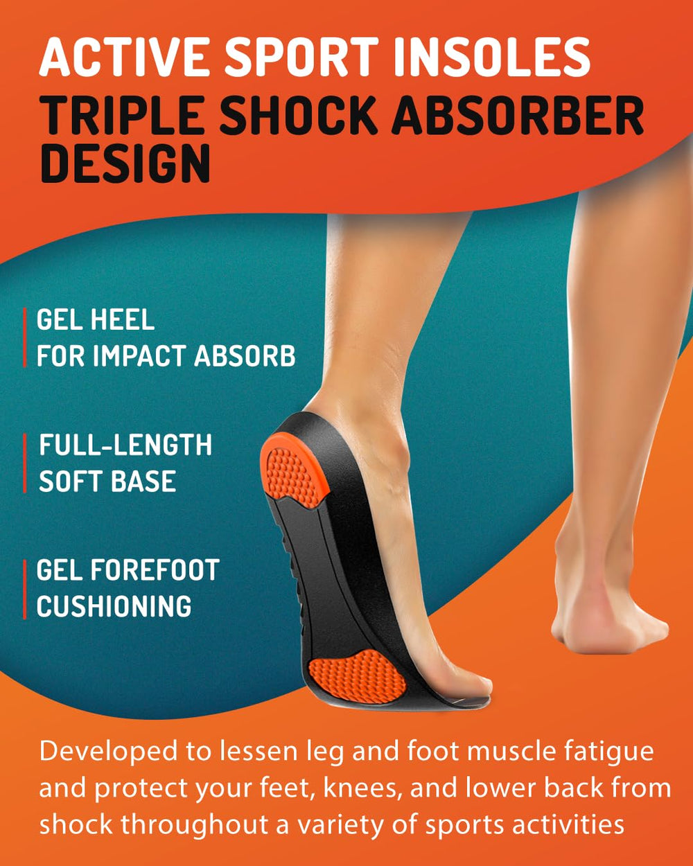 CRUVHEAL sport insoles include non-slip gel heel pads to keep them in place.