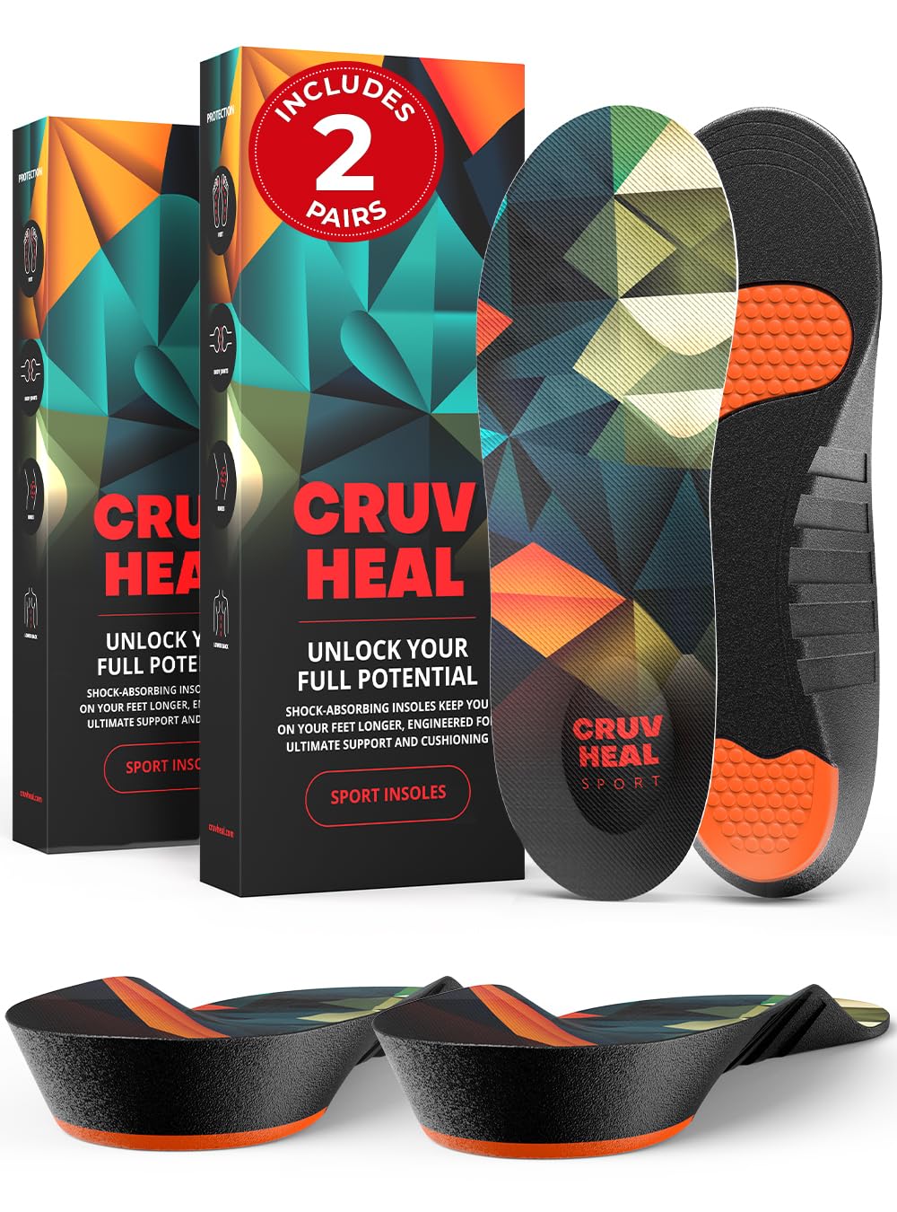 CRUVHEAL sport insoles with shock-absorbing gel pads reduce impact during runs.