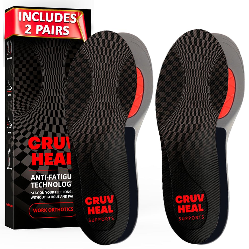 CRUVHEAL work orthotic insoles with heel cup for stability during shifts.