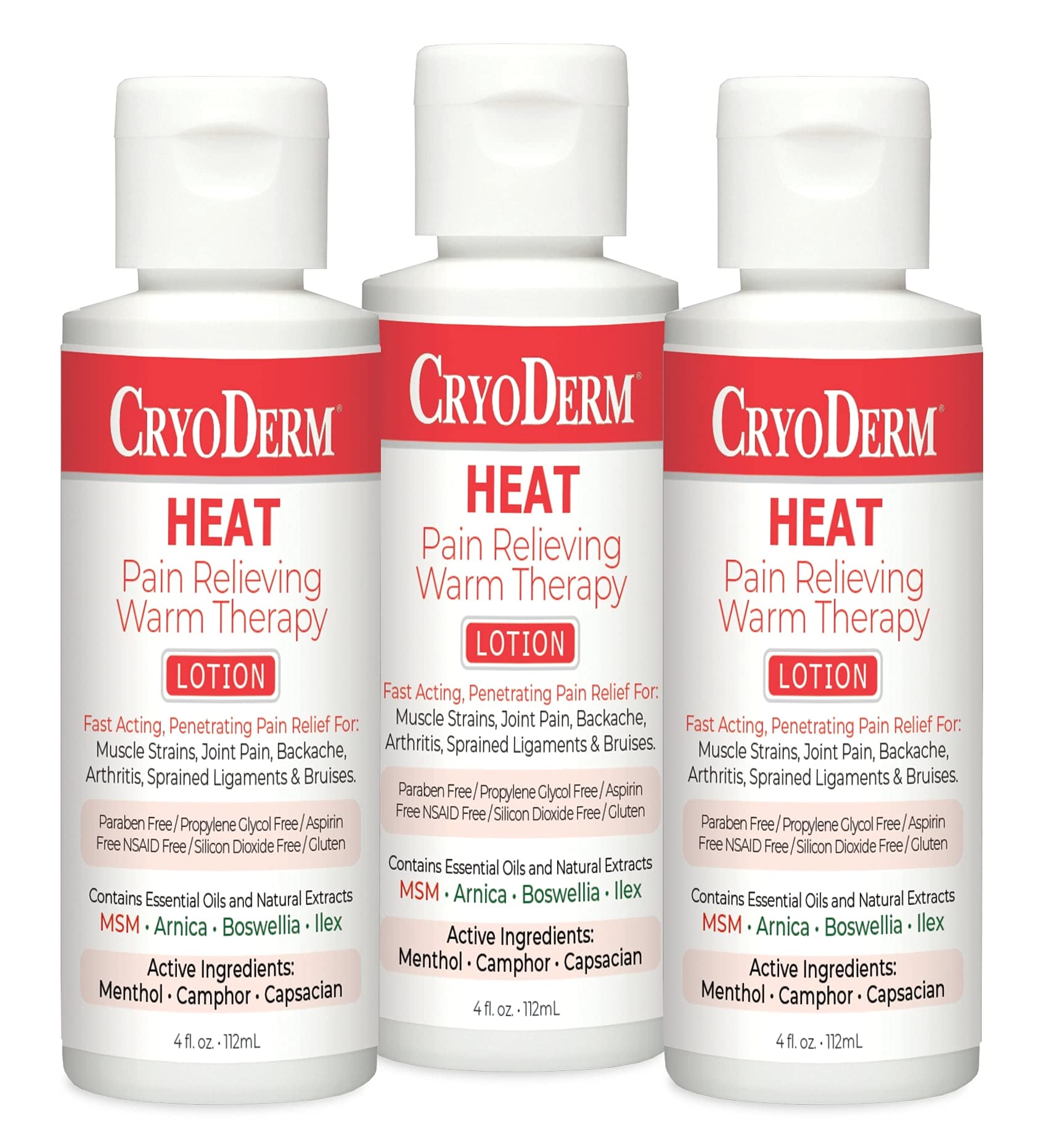 CryoDerm Heat Warming Lotion 3-pack provides soothing warmth for easy massage.