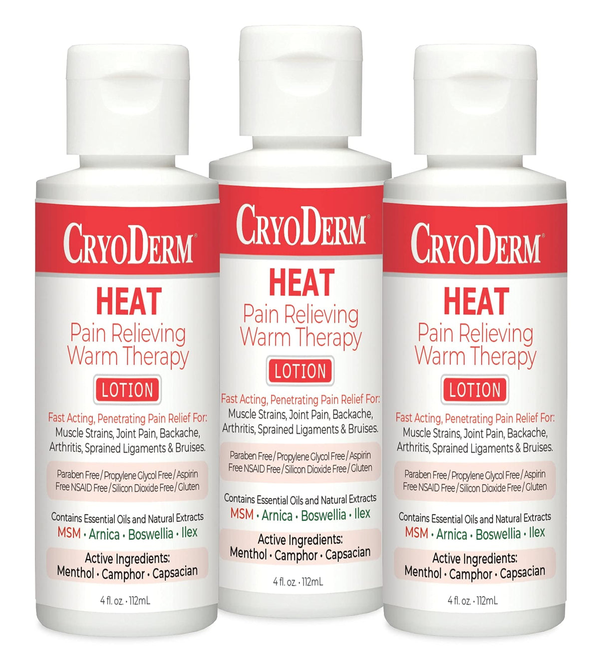 CryoDerm Heat Warming Lotion 3-pack provides soothing warmth for easy massage.