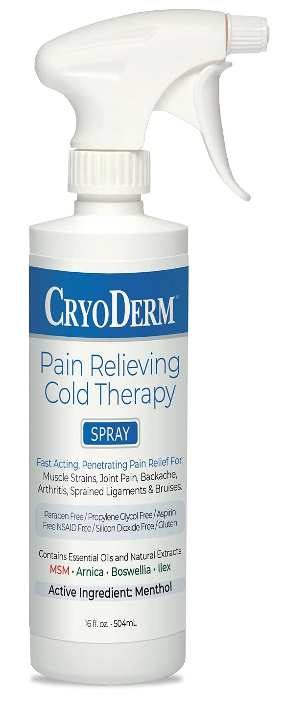 Cryoderm Cold Spray 16oz bottle with a colorless cooling mist for quick topical use.