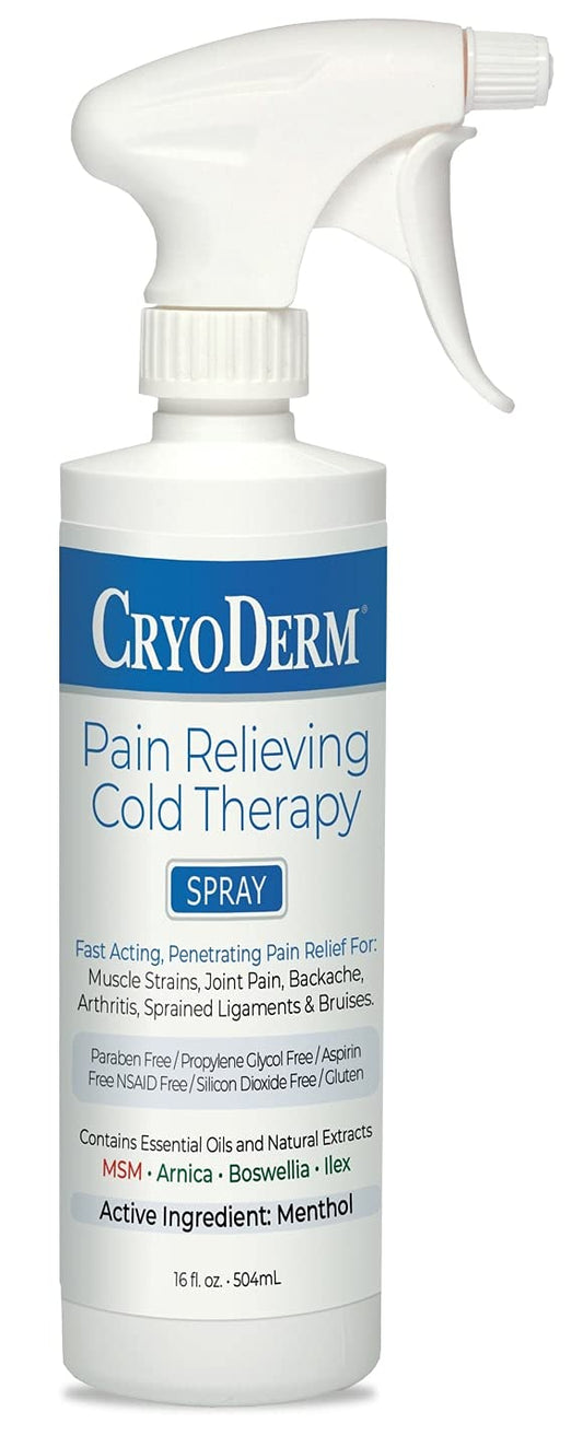 Cryoderm Cold Spray 16oz bottle with a colorless cooling mist for quick topical use.