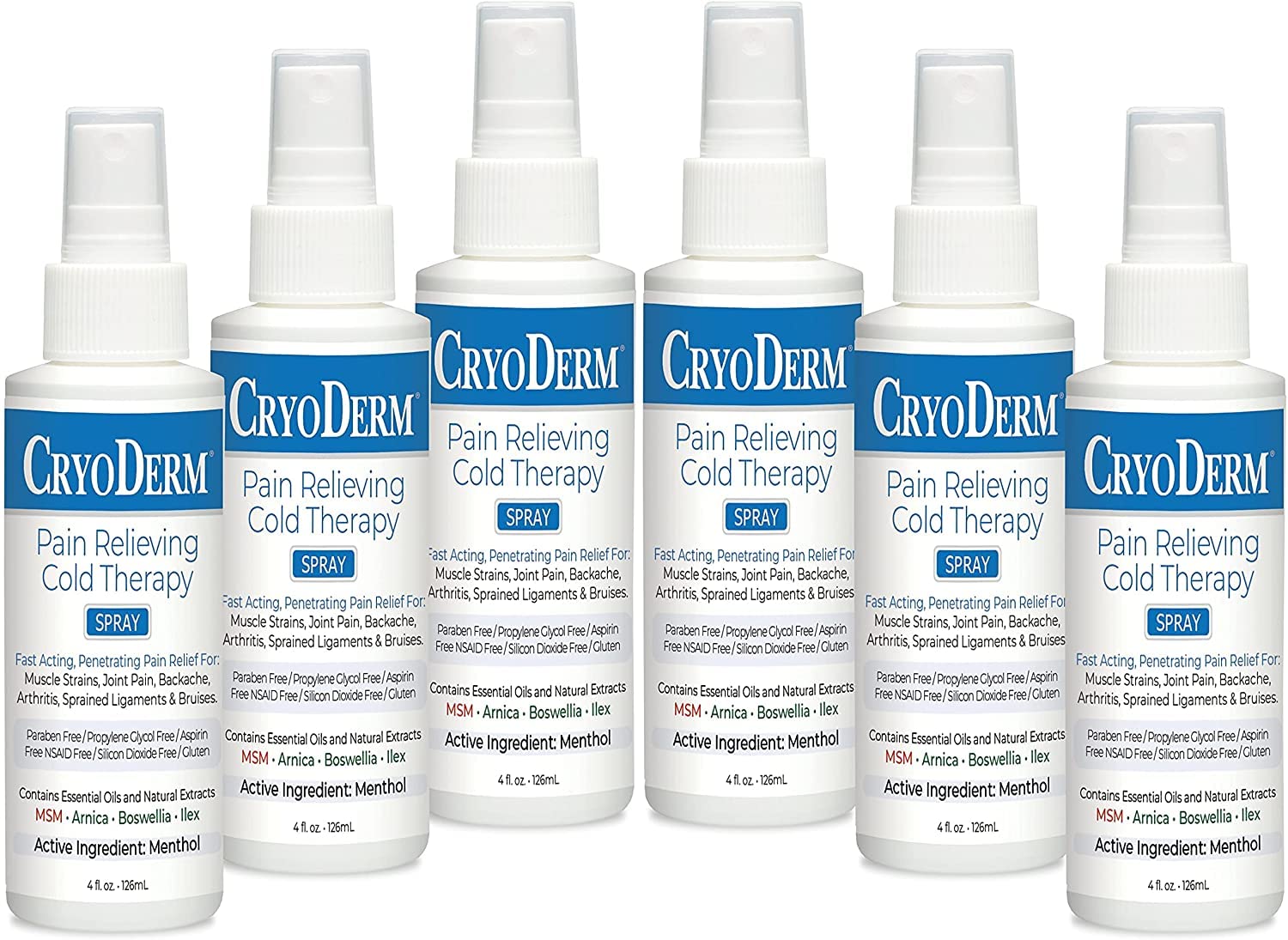 CryoDerm spray bottle front view with six-pack packaging for on-the-go cooling.