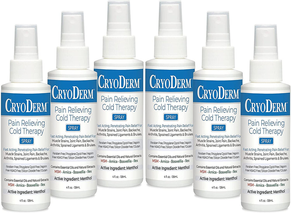 CryoDerm spray bottle front view with six-pack packaging for on-the-go cooling.
