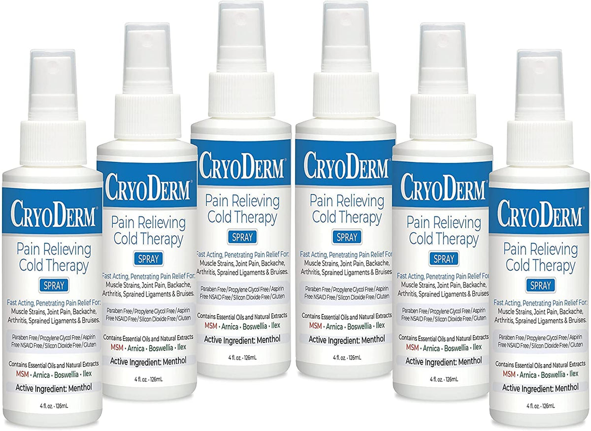 CryoDerm spray bottle front view with six-pack packaging for on-the-go cooling.