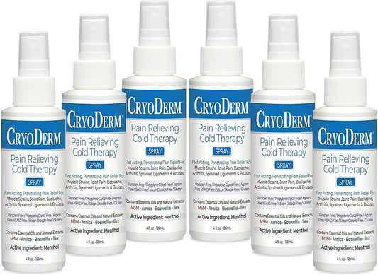 CryoDerm spray bottle front view with six-pack packaging for on-the-go cooling.
