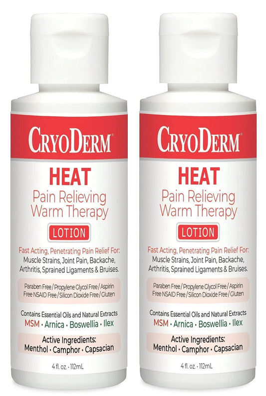 CryoDerm Heat Lotion 4 oz bottle pack provides warm, soothing relief for daily use.