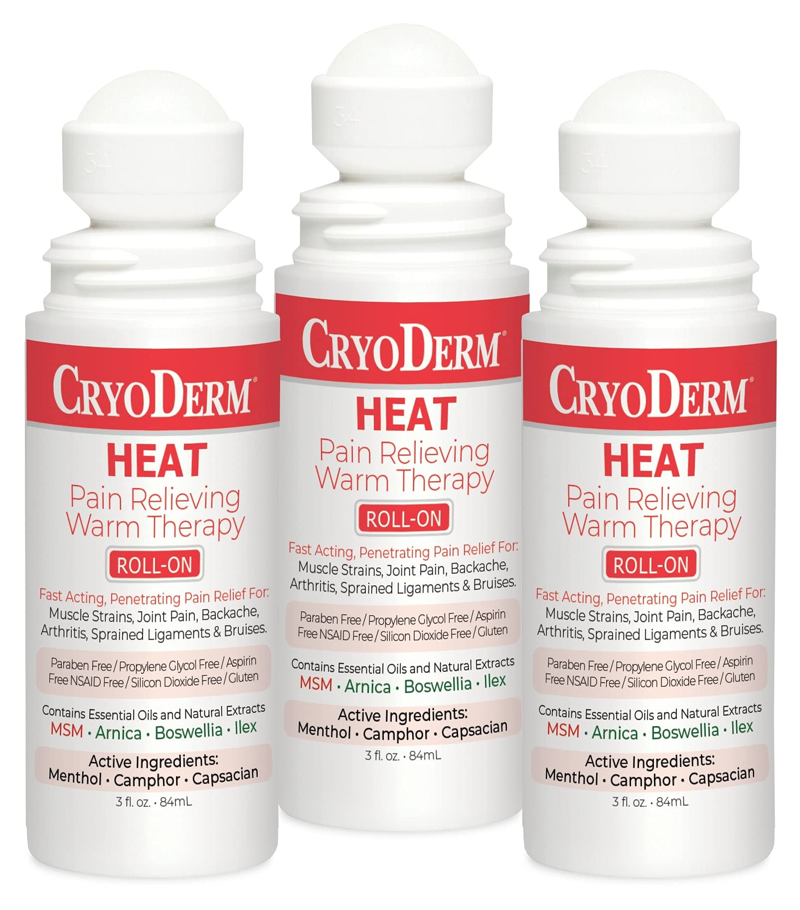 CryoDerm Heat Roll-On bottle image shows smooth warmth for muscular comfort.