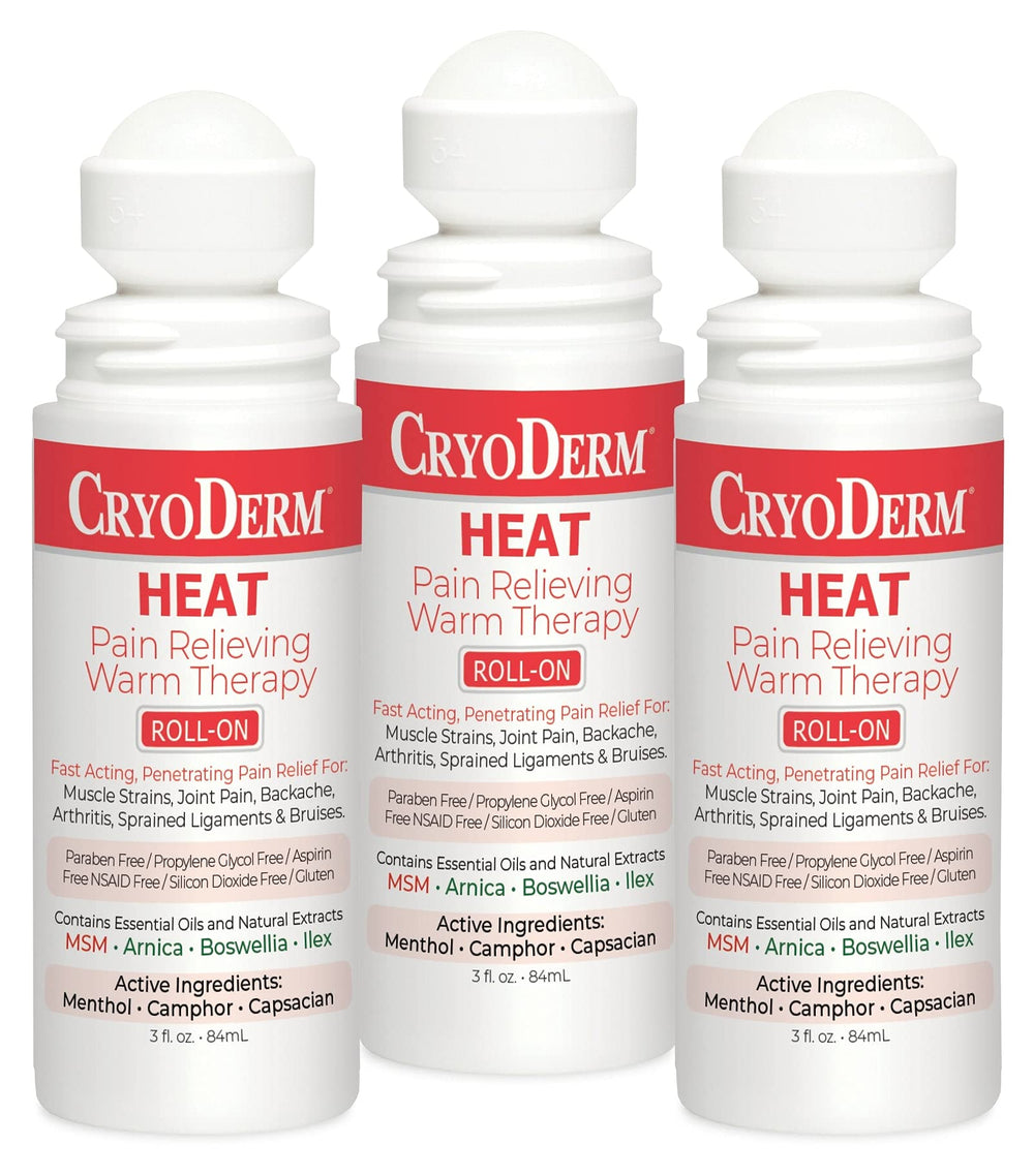 CryoDerm Heat Roll-On bottle image shows smooth warmth for muscular comfort.