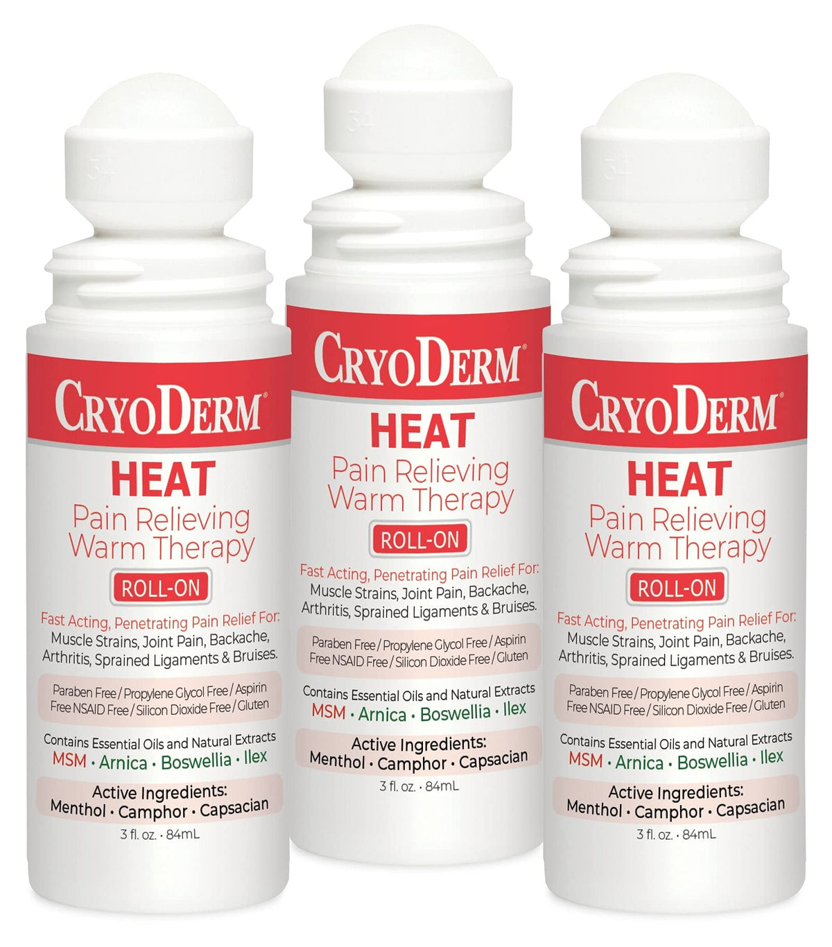 CryoDerm Heat Roll-On bottle image shows smooth warmth for muscular comfort.