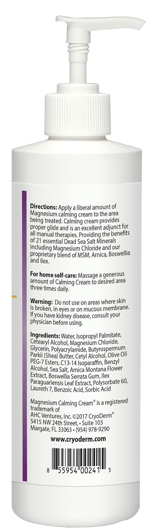CryoDerm magnesium calming cream packaging back view communicates generous 16 oz size