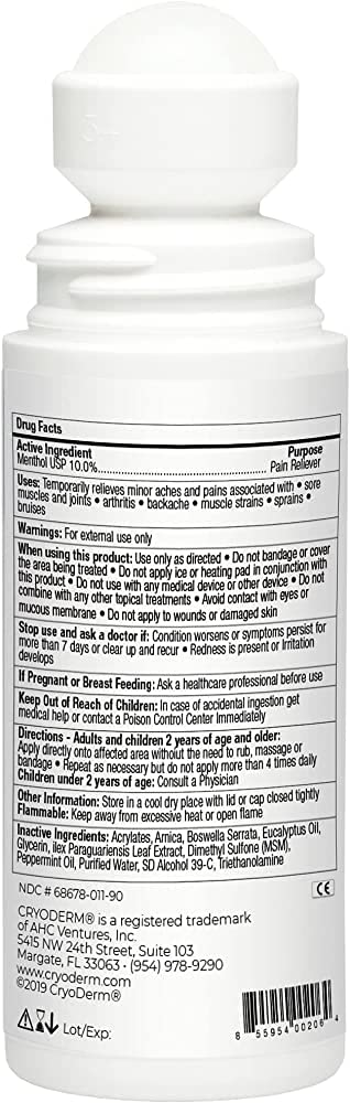 CryoDerm 3 oz pack4 bottle back label with usage directions.