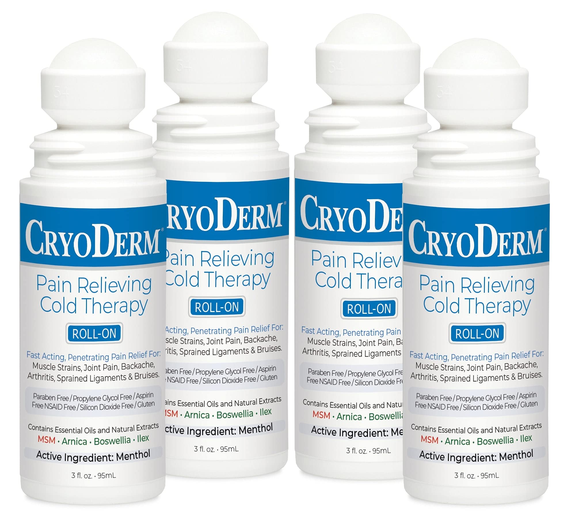 Cryoderm Pain Relieving Roll-On bottle applying cooling relief to sore muscles.
