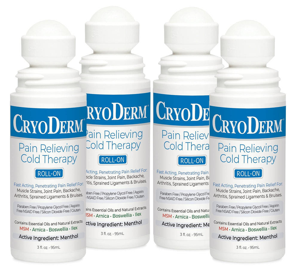 Cryoderm Pain Relieving Roll-On bottle applying cooling relief to sore muscles.