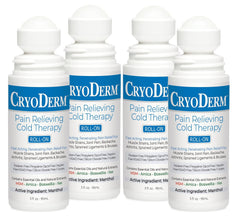Cryoderm Pain Relieving Roll-On bottle applying cooling relief to sore muscles.