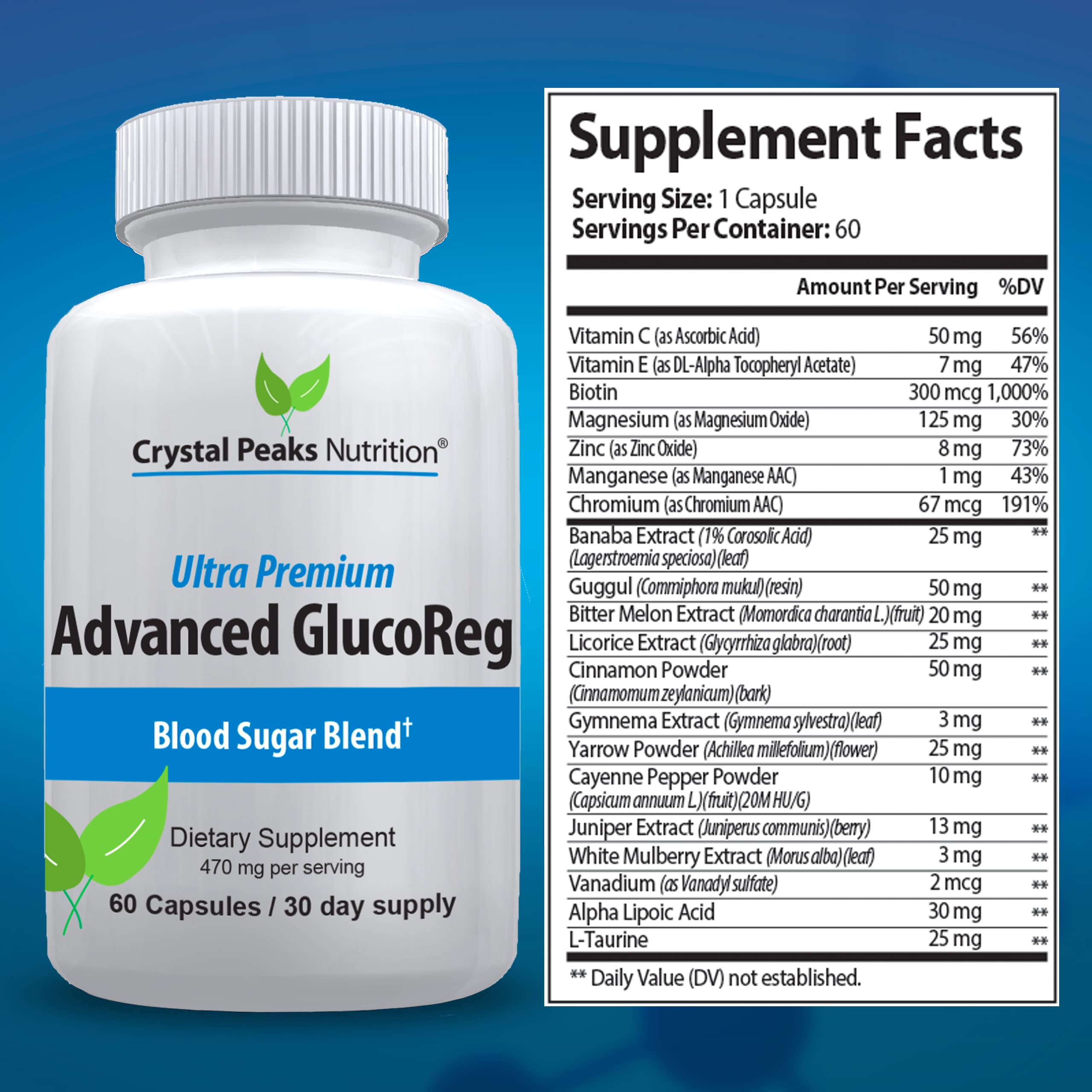 Crystal Peaks Nutrition blood-support label closeup; Made in USA, GMP-certified quality.