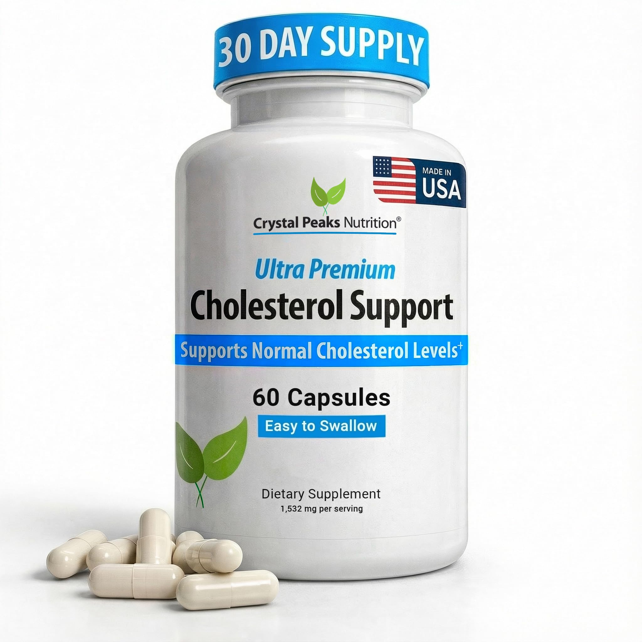CRYSTAL PEAKS NUTRITION cholesterol bottle front showing natural circulation support.