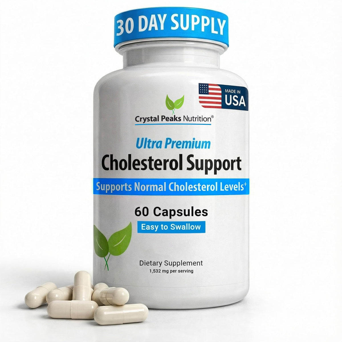 CRYSTAL PEAKS NUTRITION cholesterol bottle front showing natural circulation support.
