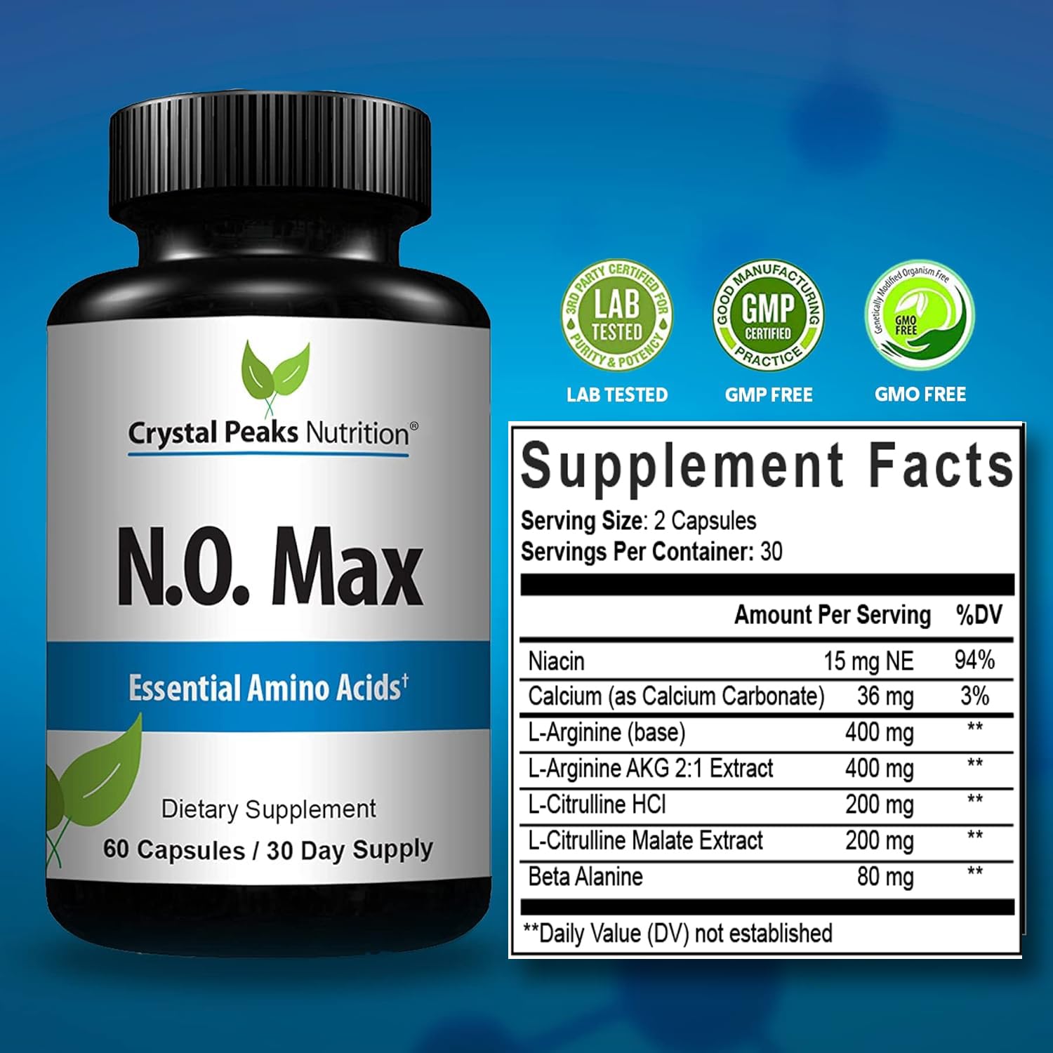 Arginine and Citrulline ingredients in Crystal Peaks N.O. Max aiding circulation.