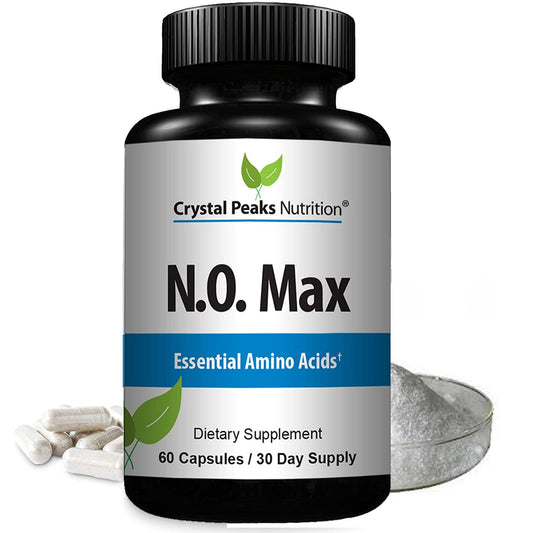 Crystal Peaks Nutrition N.O. Max bottle and nitric oxide capsules for workouts.