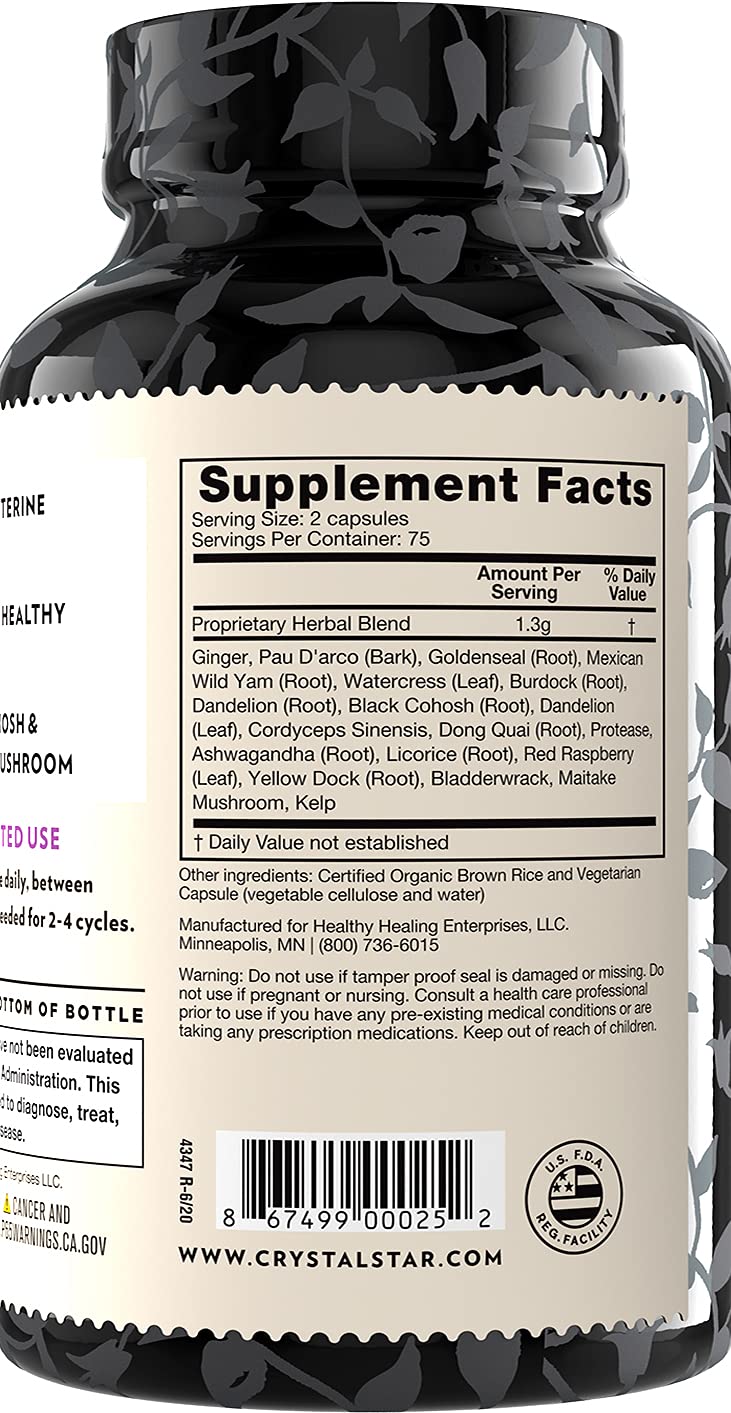 Crystal Star Fibro Defense ingredient list featuring ginger and pau d'arco