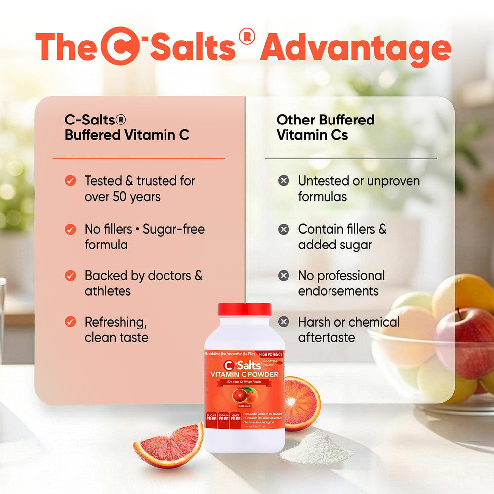 C-Salts Vitamin C powder label highlighting vegan, organic, non-GMO status