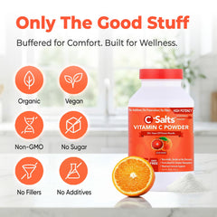 C-Salts Vitamin C powder stirred into tea for a tart citrus lift