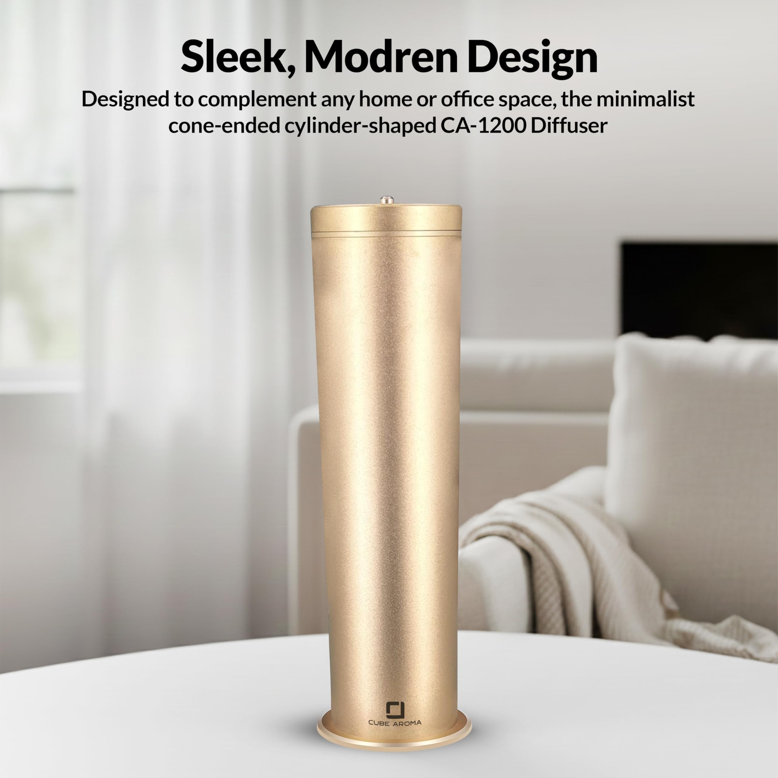 Cube Aroma CA-1200 Gold Diffuser enhances living room ambience with subtle fragrance diffusion.