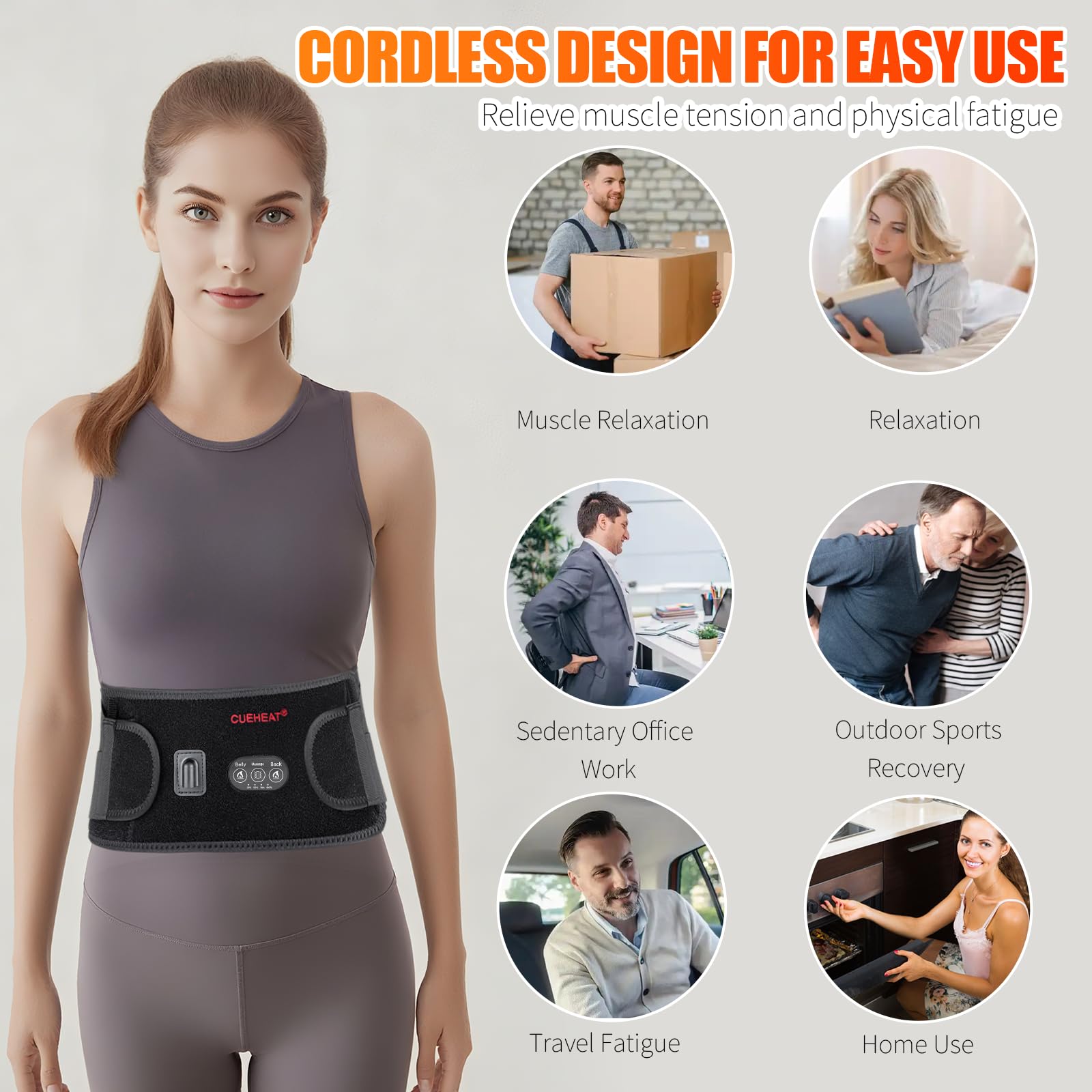 CUEHEAT back wrap with elastic bands stays in place during work.