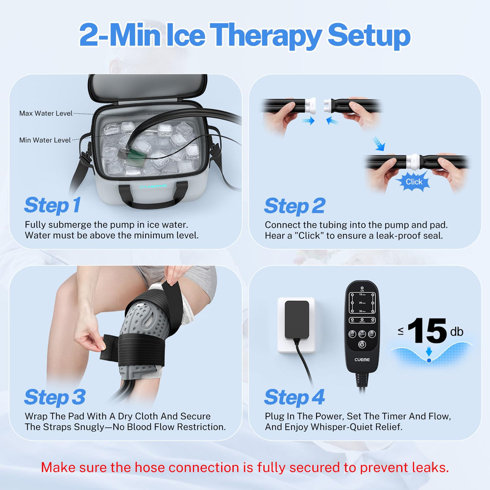CUEME 20qt reservoir enables extended cooling during knee recovery at home.