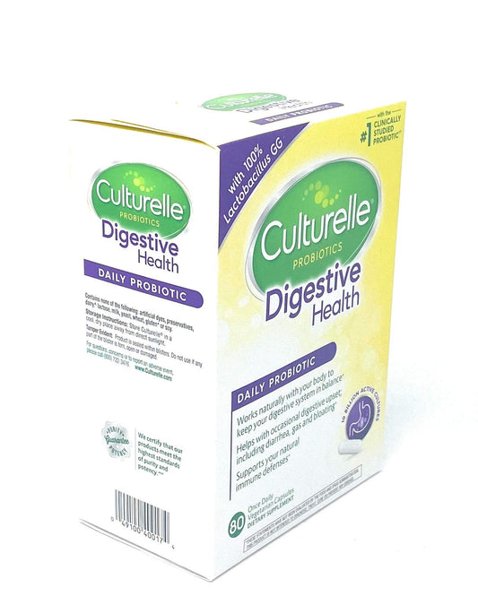 Culturelle 80-capsule bottle closeup highlighting high probiotic count and purity.