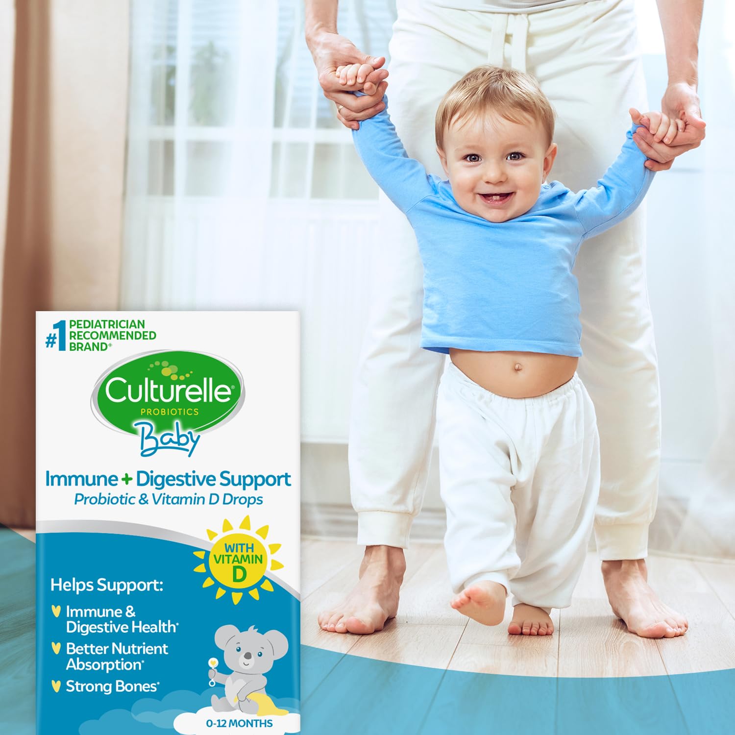Culturelle Baby Probiotic Drops vitamin D label closeup highlights daily vitamin support.